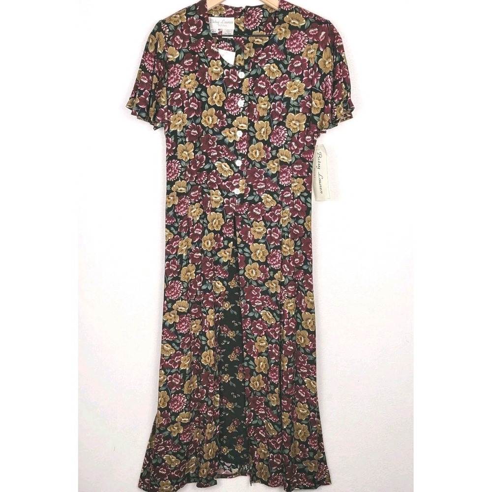 NWT Vintage Betsy Lauren Floral Maxi Dress Womens 8P Flutter Sleeves Romantic